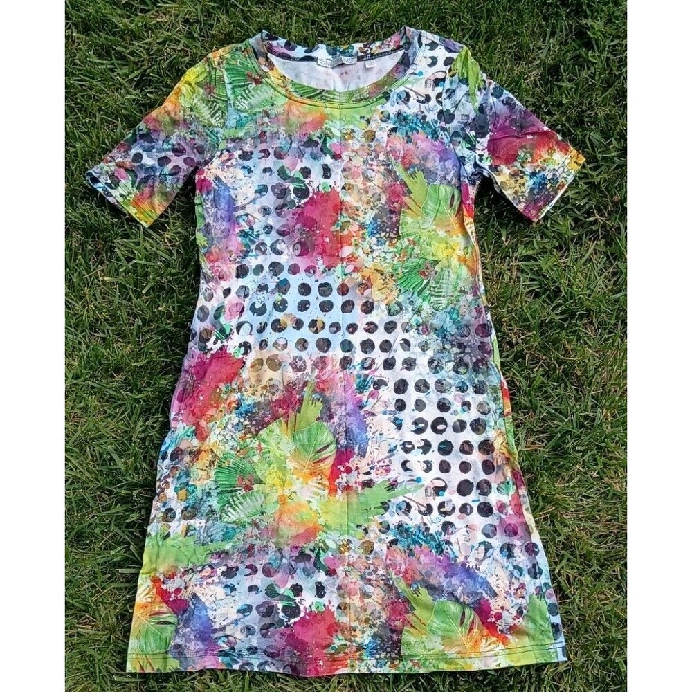 SNOSKINS Colorful Travel Knit Tunic Dress Abstract Paint Splash Polka Dot Small